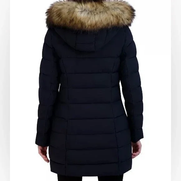Women's Stretch Faux-Fur Trim Hooded Puffer Coat - Laundry by Shelly Segal - Picture 7 of 8